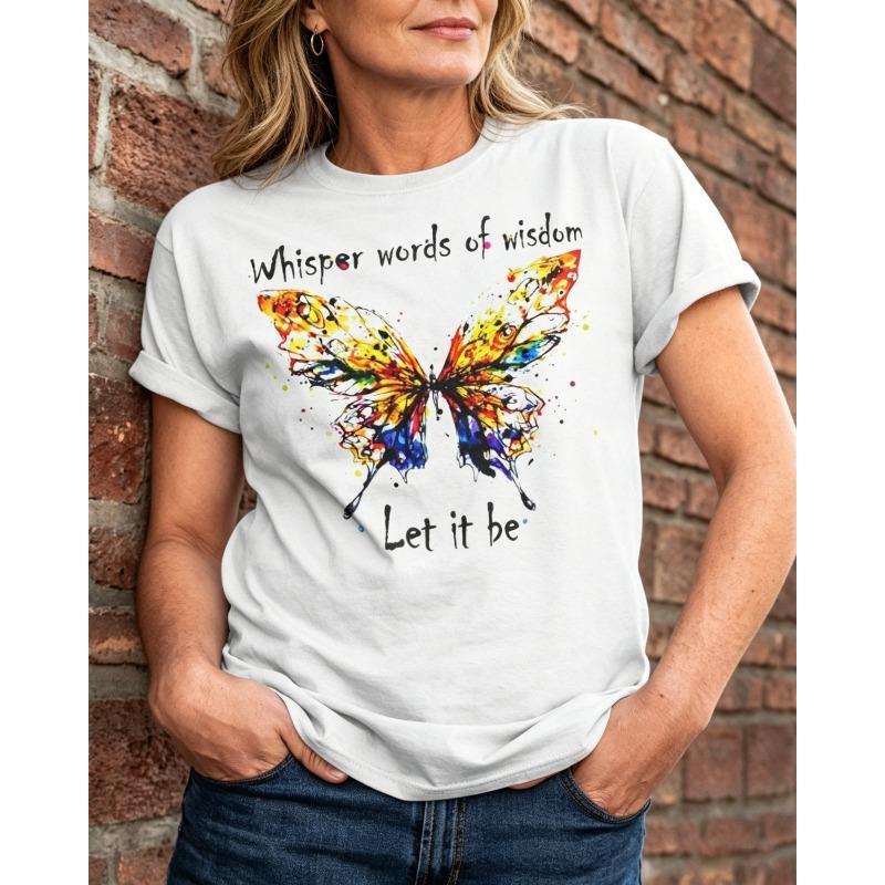ilstile New Womens Let It Be Whisper Words Of Wisdom Print TShirts Short Sleeve O Neck Summer Tops Hippie Butterfly Tees