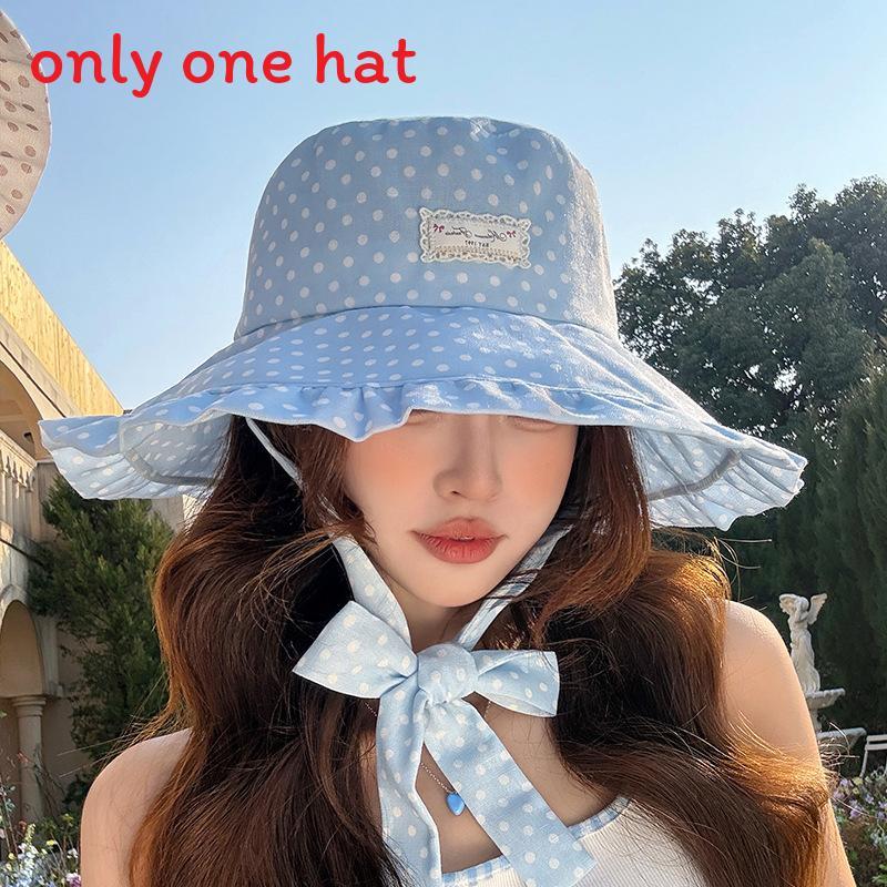 

Polka Dot Wide Brim Sun Hat With Adjustable Chin Strap For Summer Sun Protection синій