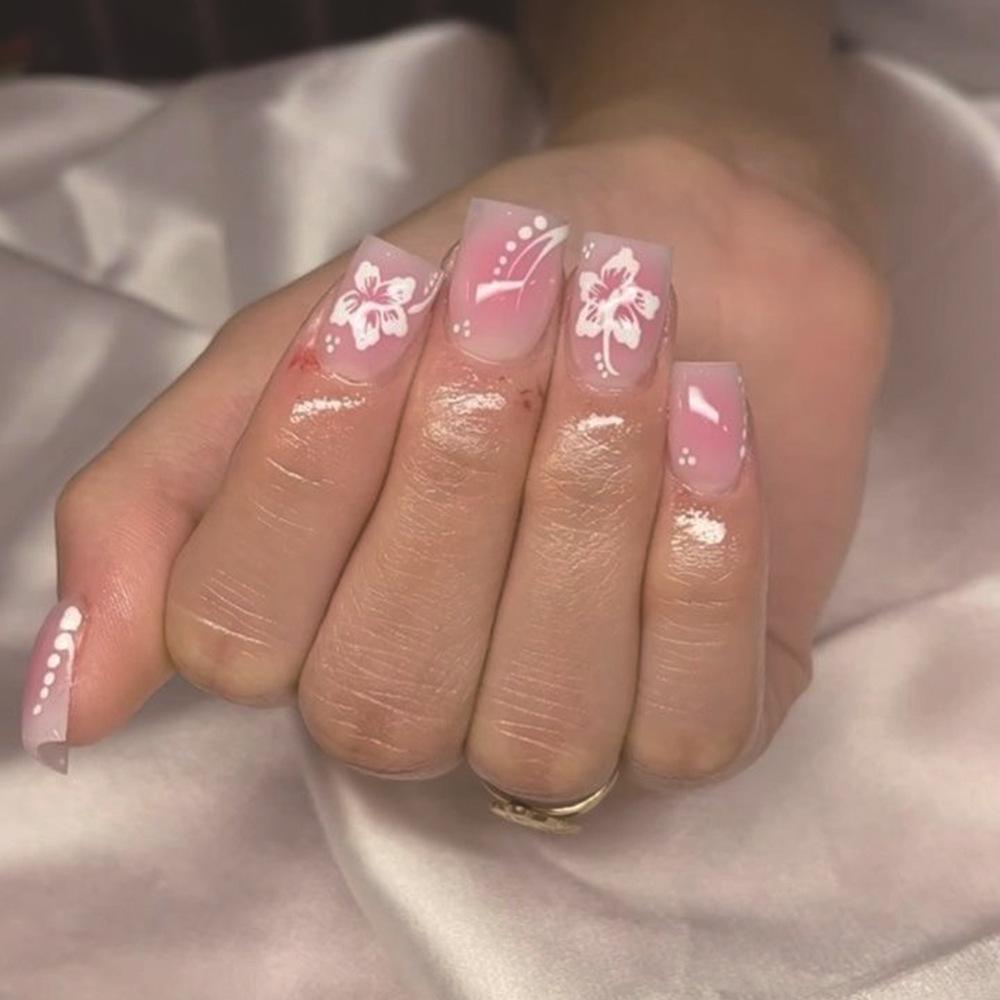 24Pcs Sweet Medium Square False Nails with Glue Blush Pink Flowers Fake Nails Full Cover French Acrylic Press On Nails for Girls