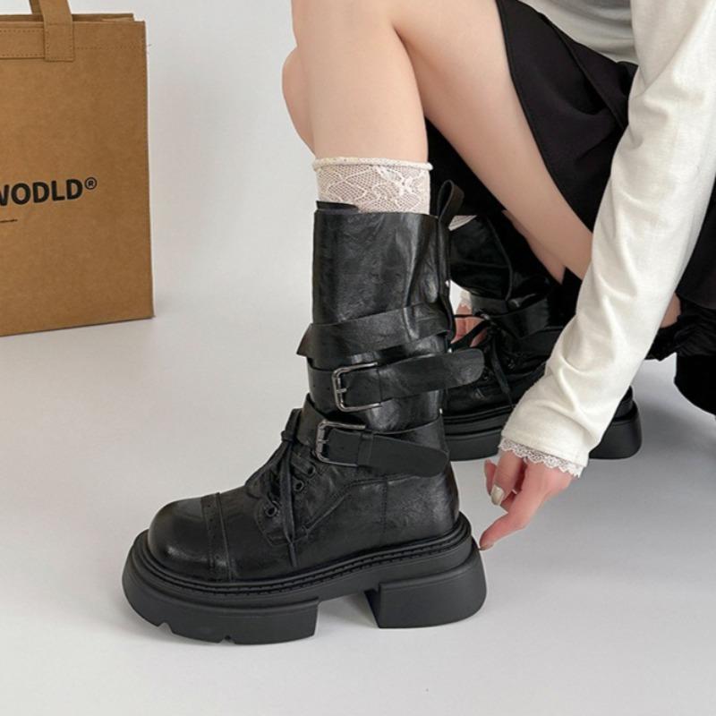 Boots for Women Retro British Belt Buckle Thick-soled Short Boot Female Thick Heel Short Boots Fad Locomotive Boots Botas Mujer