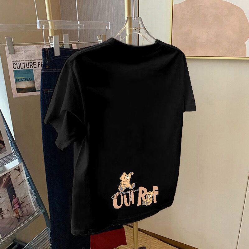 Apricot shoulder cartoon print short-sleeved t-shirt women's summer white cotton loose top