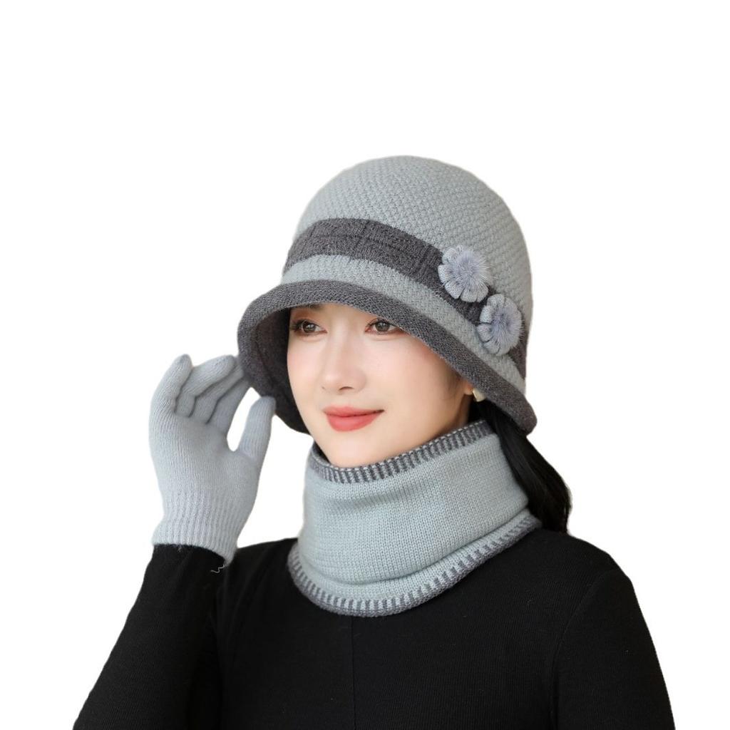 Hat Women Autumn and Winter Woolen Hat Mother Hat Outdoor Bike Protection Ear Warm Old Lady Knit Hat