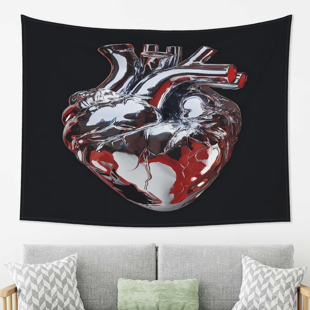 3D Chrome Human Heart Tapestry Realistic Organ Art Wall Hanging for Bedroom Living Room Dorm Dark Grunge Aesthetic Decor