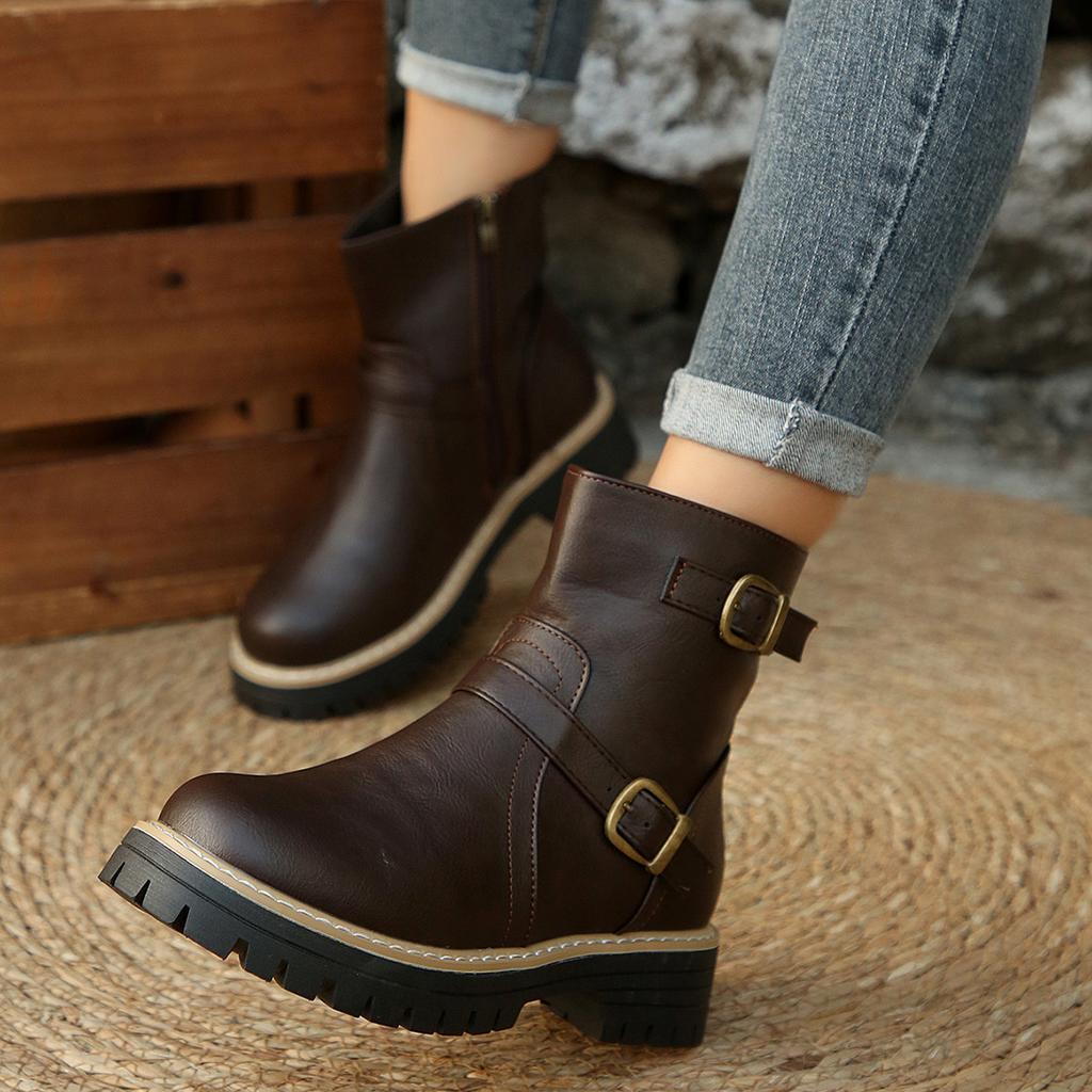 Botines de Tobillo de Punta Redonda de Ancho Especial para Mujer, Botas Martin de Plataforma Estilo Británico, Botas de Montar Finas con Cremallera Lateral para Mujer