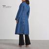 Denim Windbreaker Women Jacket Double-breasted with Side Pockets Lace-up Tie Waist Mid Spring And Autumn Length Solid Color Turn-down Collar Overcoat