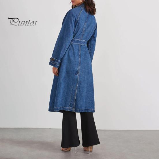 Denim Windbreaker Women Jacket Double-breasted with Side Pockets Lace-up Tie Waist Mid Spring And Autumn Length Solid Color Turn-down Collar Overcoat