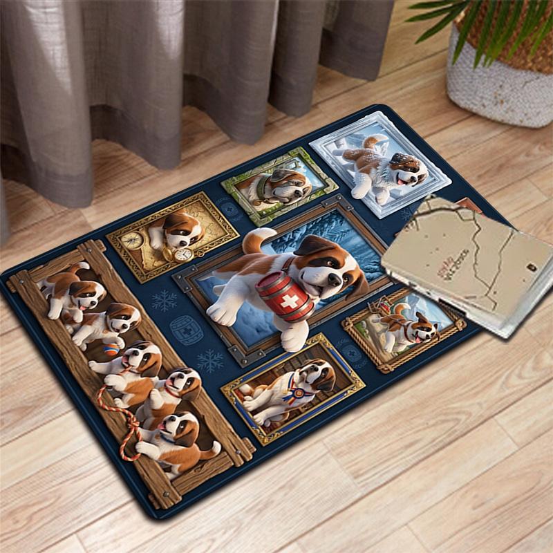 Saint Bernard Puppies Adventure Pattern Rug Floor Mat for Living Room or Bedroom Soft and Comfortable Carpet a Gift for Birthday and Holiday.