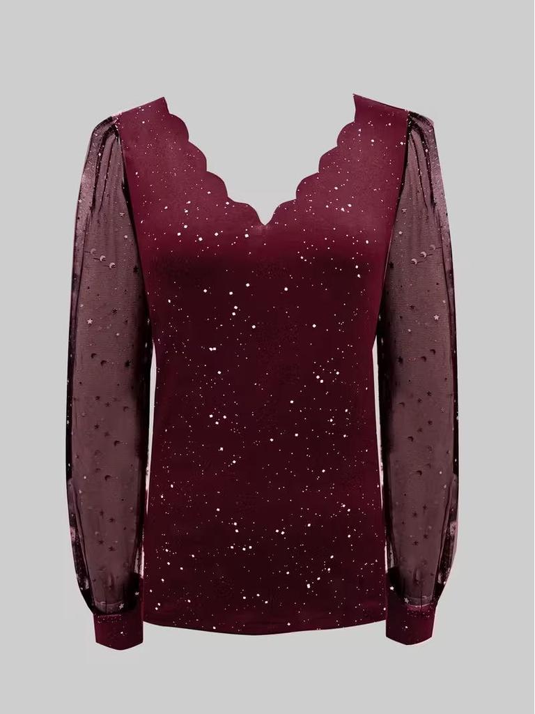 European Style V-Neck Long Sleeve Mesh T-Shirt
