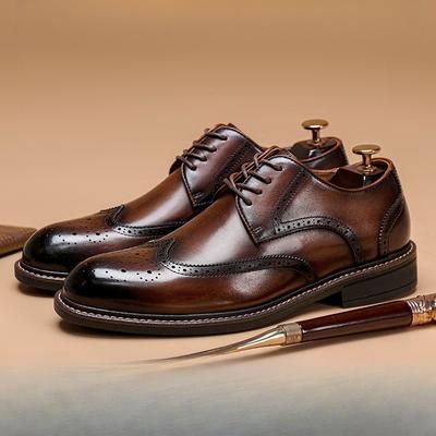 Spring Men's Leather Shoes Men's Genuine Leather Business Casual Soft Sole Derby Men's Leather Shoes Handmade British Style Brick Wedding Shoes