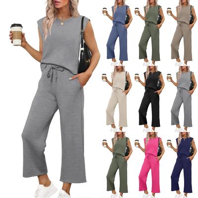 Ladies Casual Fashion Sleeveless Round Neck Loose Wide Leg Pants Set