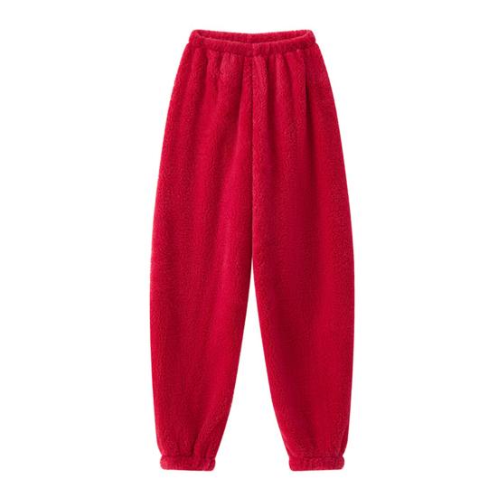 Pantalones de pijama de invierno de felpa gruesa con cintura elástica, holgados, mantienen el calor, diseño con ataduras en las piernas, ropa de hogar unisex