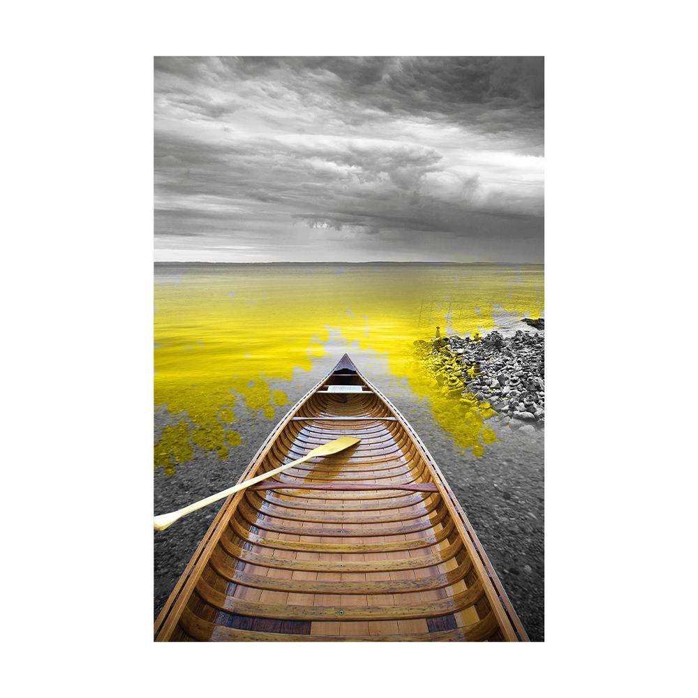 Yellow Boat On The Lake Landscape Canvas Prints Gold Wooden Bridge Mountain Abstract Wall Art Paintings For Home Decor
