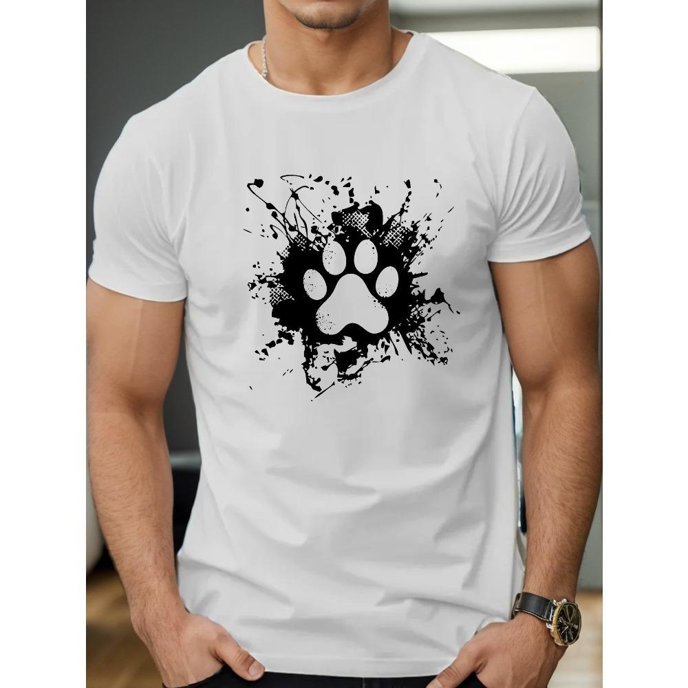 Europäische Größen Herren Kurzarm-T-Shirt mit Tinten-Hundepfotenabdruck - Sommerlich Lässig Rundhals Oberteil, Haustierliebhaber Kleidung, Maschinenwaschbar Normale Passform