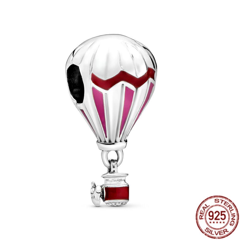 Red Series S925 Sterling Silver Sparkling Hearts Hot Air Balloon Rose Dangle Charm Bead Fit Original  Bracelet DIY Jewelry