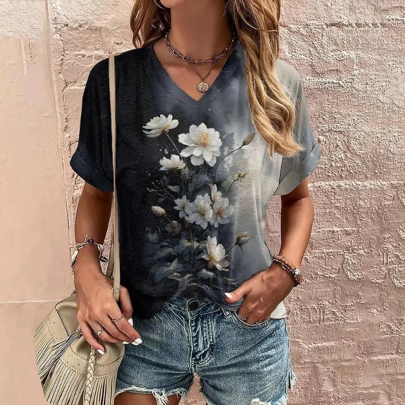 Summer Women's T Shirt Flower Print Casual Short Sleeve 3d T Shirts Fashion Streetwear V Neck Pullover Oversized Female Clothing