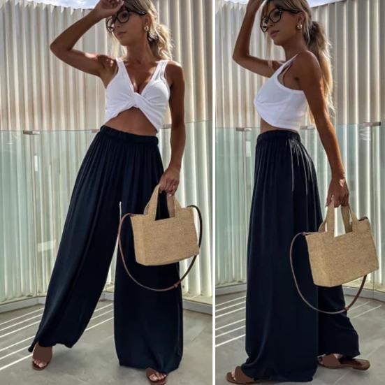 Женские повседневные брюки со средней посадкой и эластичной резинкой на талии, широкие брюки, однотонные спортивные свободные брюки длиной до пола, летние брюки