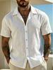 Men's White Crinkled Cotton Cuban Collar Short Sleeve Shirt with Gold Buttons - Lightweight Summer Vacation Top