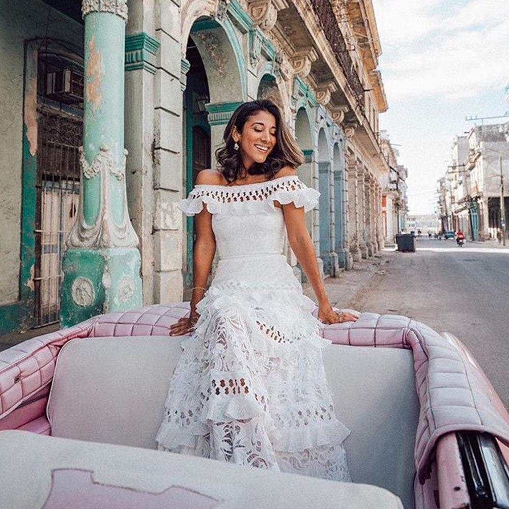 2025 One-Shoulder Ruffled Lace White Swing Dress for Women – Spring/Summer Collection