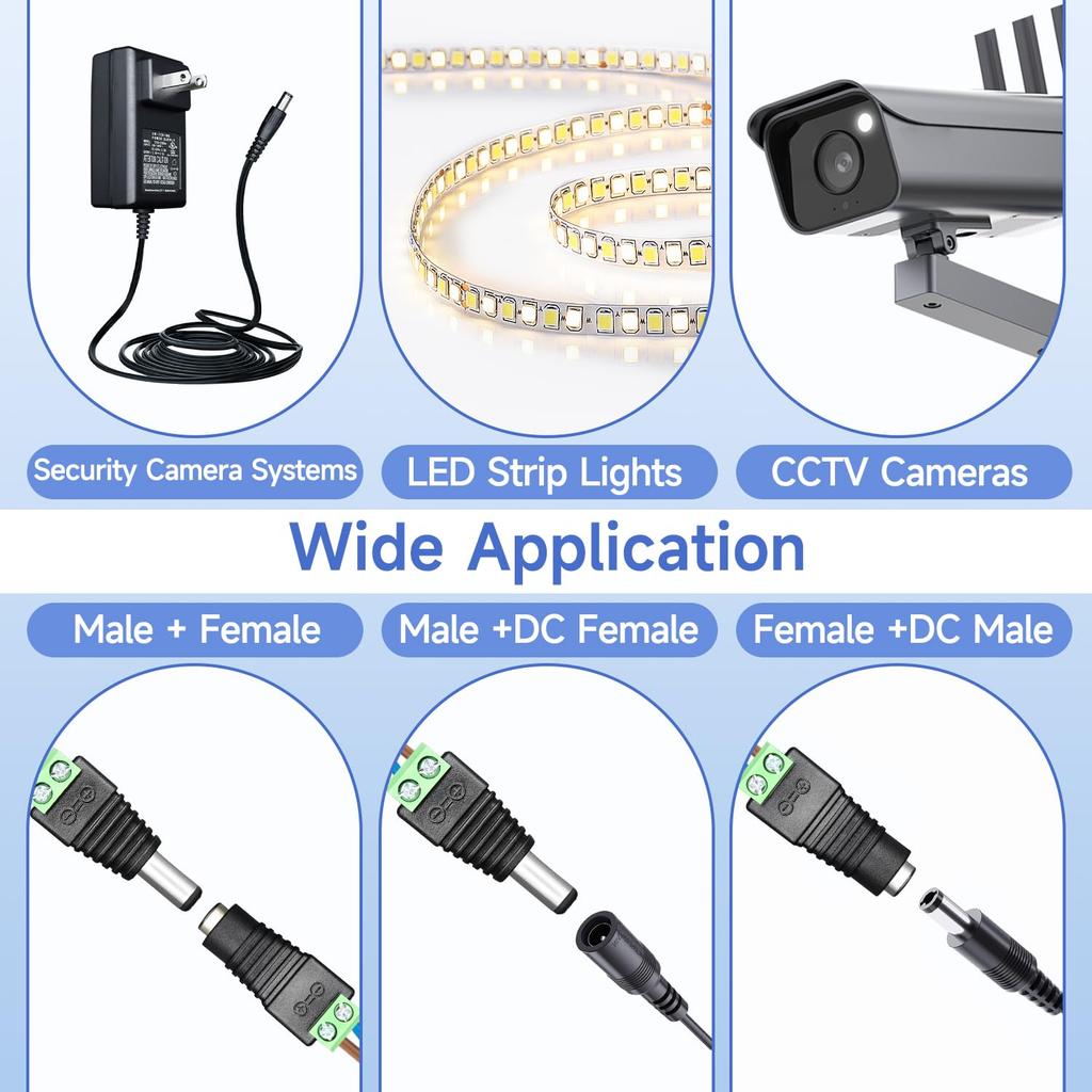 10 Pairs (10 X Male + 10 X Female) 12V 5.5mm X 2.1mm DC Power Jack Plug Adapter Connector for LED Strip, CCTV Security Camera, and More