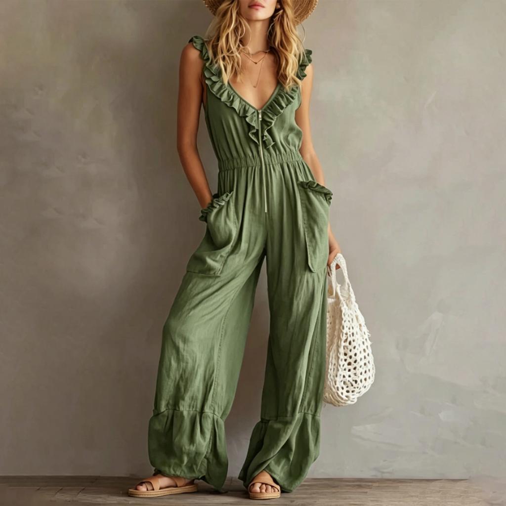 Women's Sleeveless V Neck Jumpsuit with Zipper Front Pockets Ruffle Details Wide Leg Casual Vintage Style Romper