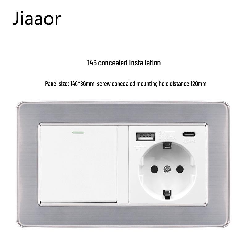 Padrão Europeu Tipo 86 Painel de Interruptor e Tomada de Parede Duplo em Aço Inoxidável com USB-C, Estilo Alemão, Montagem de Parede Embutida.