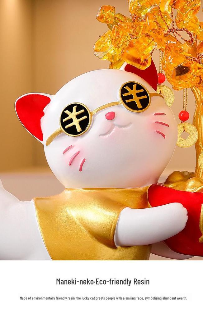 Lucky Cat Crystal Wealth Tree Ornament - High-End Housewarming Gift.