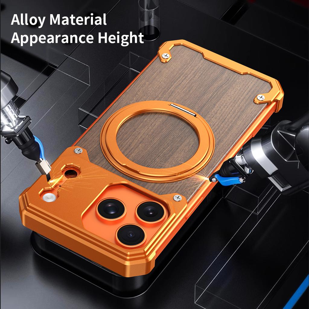 Luxury Metal Alloy Frame Wood Frameless Phone Case For iPhone 17 pro max 16 15 Pro Max Magsafe Magnet 360 Rotating Bracket Cover