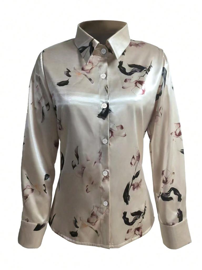 Floral Print Button Down Long Sleeve Shirt, Suitable For Dates, Holidays, Everyday, Birthday Parties, Singles Parties, Travel, Spring/Autumn Vacation