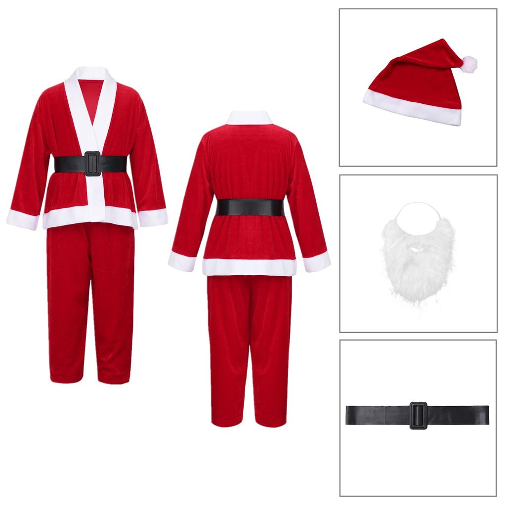 Kostium Strój Świętego Mikołaja dla Dzieci Chłopców Bluzki z Długim Rękawem Zestaw z Kapeluszem, Brodą, Spodniami i Paskiem na Imprezę Cosplay Przebranie na Boże Narodzenie