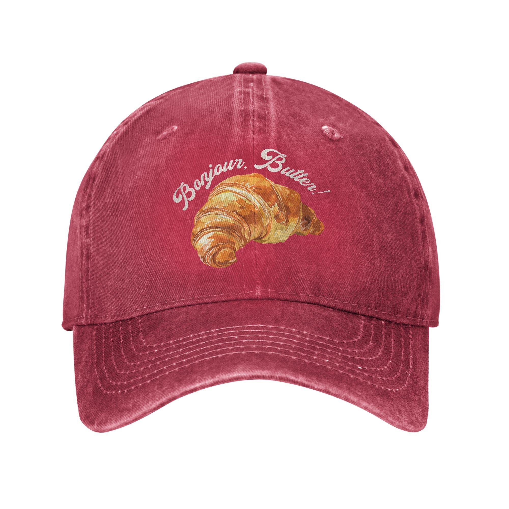 Bonjour Butter Funny Croissant Unisex Women Unstructured Baseball Caps French Cuisine Distressed Denim Hat Outdoor Gift Snapback Adjustable