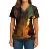 Women's Halloween Printed V-Neck Double Pocket Short Sleeves Hem Slit Uniform Caregiver Top
