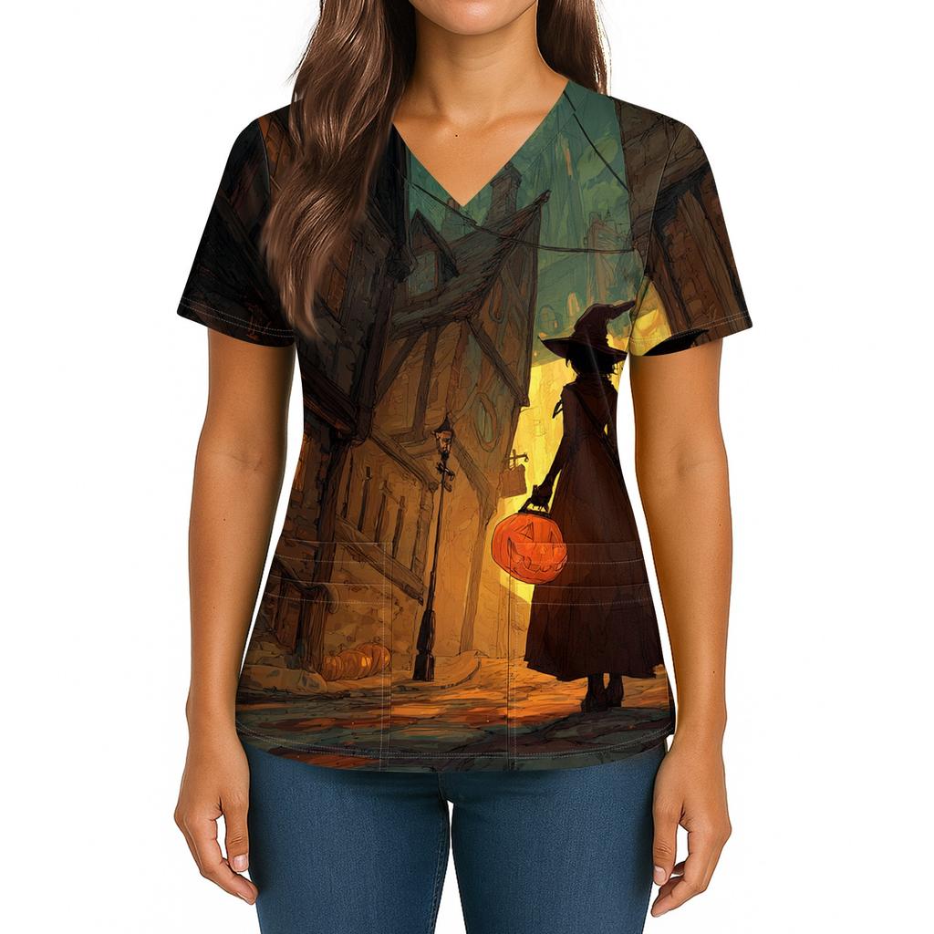 Women's Halloween Printed V-Neck Double Pocket Short Sleeves Hem Slit Uniform Caregiver Top