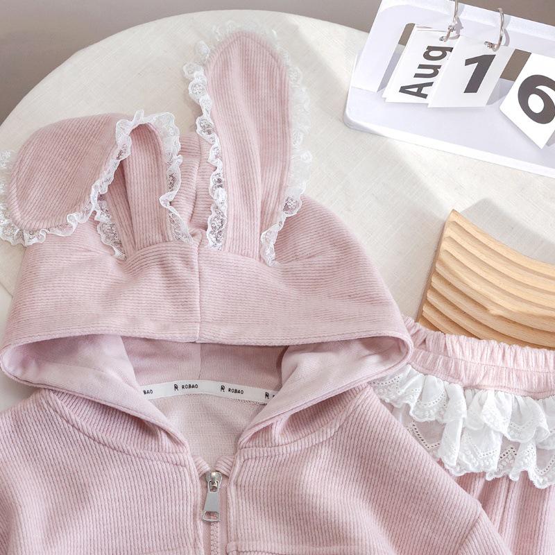 Mori-Style Korean Autumn Rabbit Ear Lace Hooded Sweatshirt & Pants Set for Baby Girls
