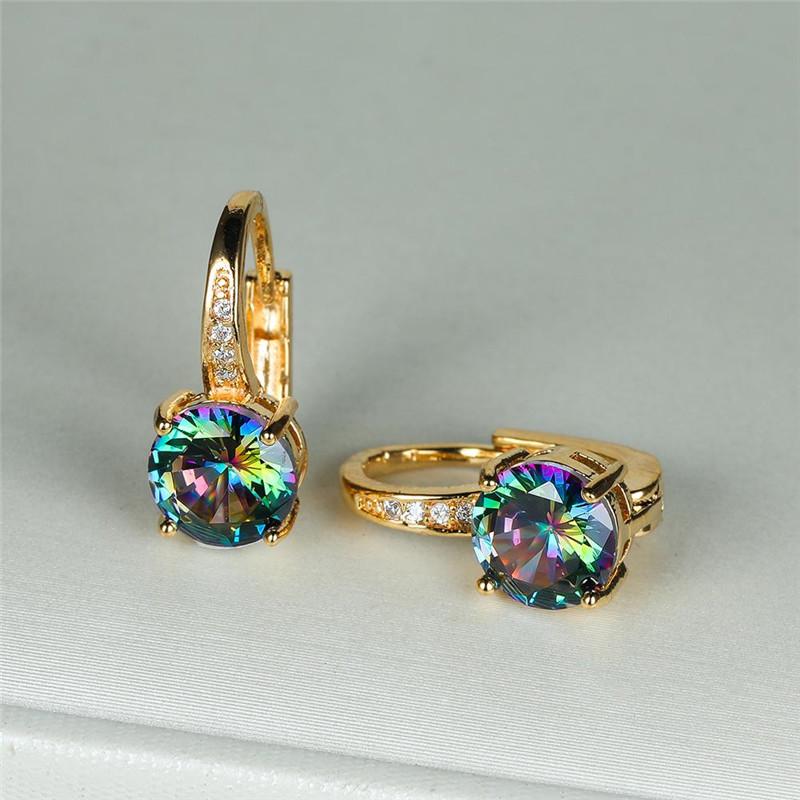 Dainty Gold Color Classic Red Blue Round Zircon Clip Earrings Mystic Rainbow Crystal Stone Wedding Jewelry For Women
