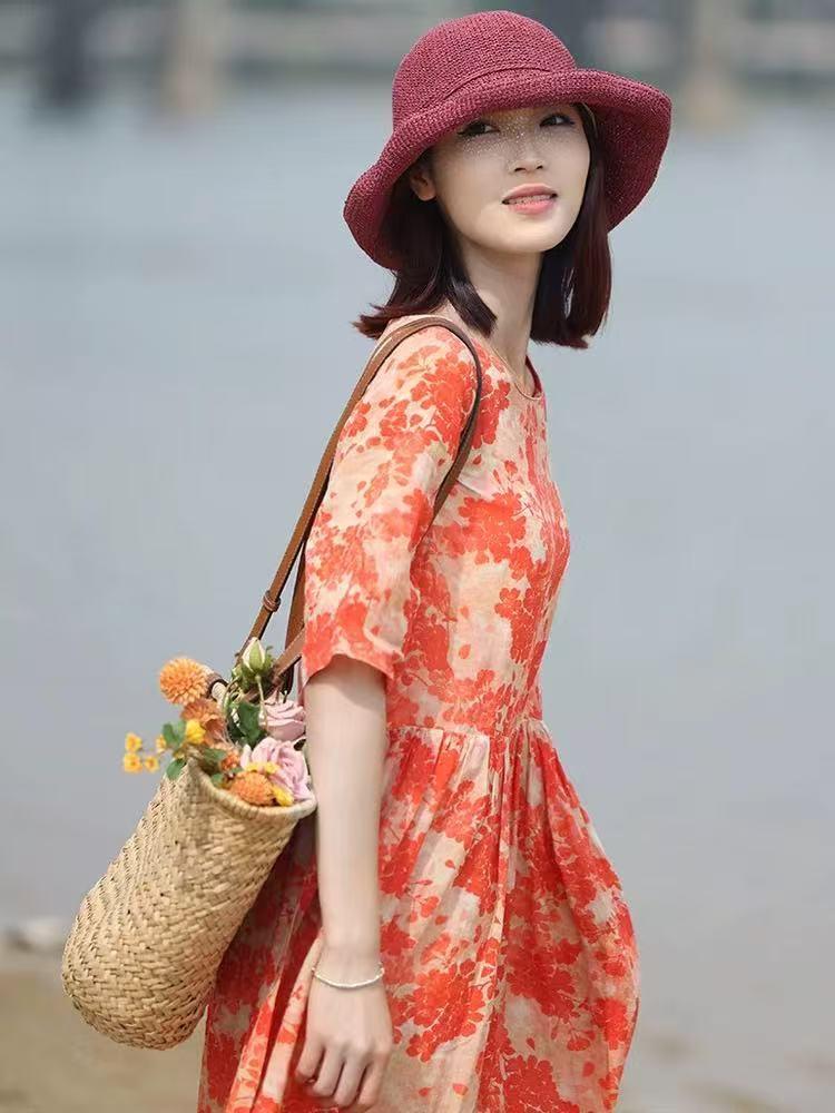 

Летнее новое платье из хлопка и льна с принтом 2025 года, женское свежее платье миди и макси с завышенной талией и тонким круглым вырезом, рукав три четверти 2XL