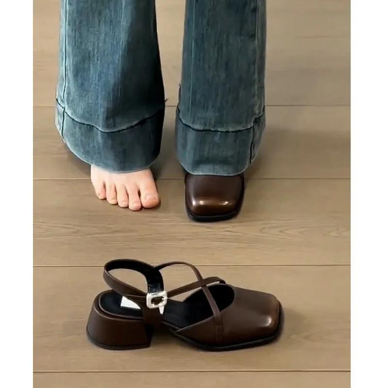 Fashion Designer Cover Toe Women Mary Jane Shoes Fashion Cross Buckle Singbacks Shoes 2025 Spring Female Thick Heel Shoes