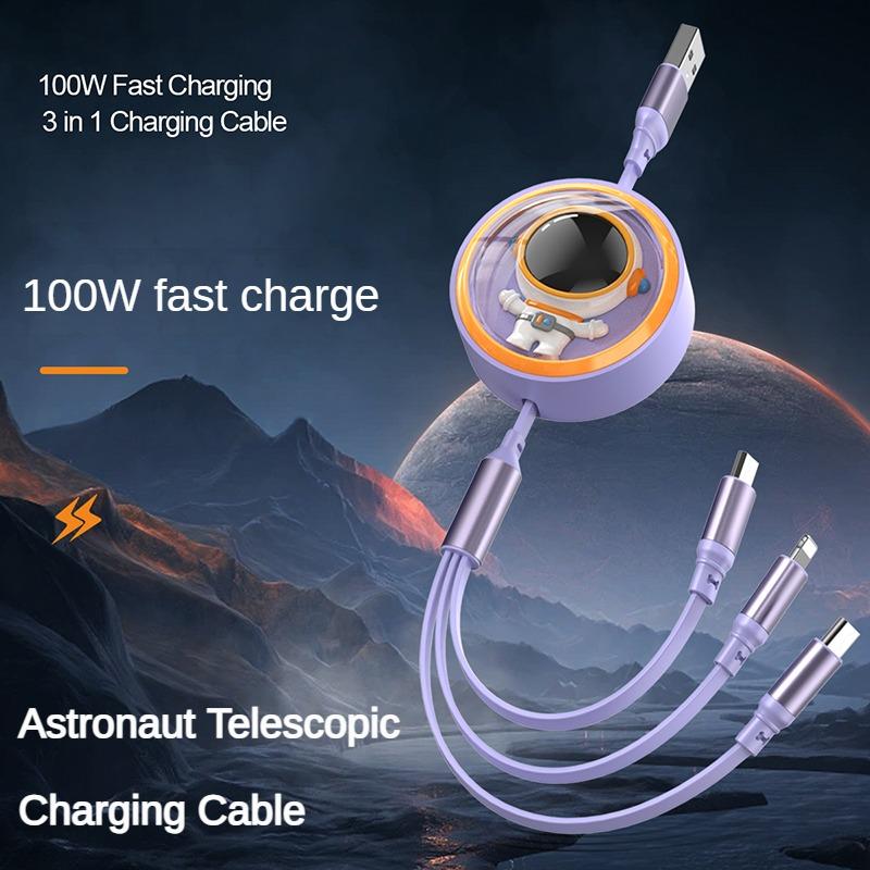 Three in One Retractable USB 100W Cable for Fast Charging and Data Mini USB C- type Suitable for IPhone, Android, Xiaomi, Huawei