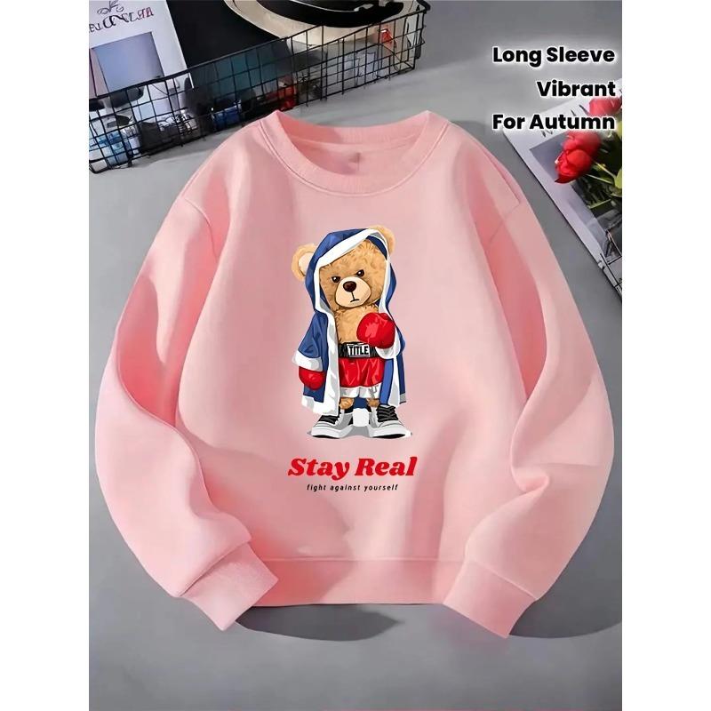 European sizes Kids' Crewneck Sweatshirt - Teddy Bear Boxing Fighter Hoodie , Sportswear And Casual Wear, Soft And Comfortable, Children's Clothing
