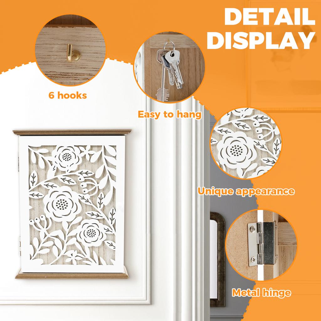 Wood Key Box Decorative Wall Key Holder with 6 Key Hooks Practical Wood Key Cabinet Multifunctional Wood Key Holder Box Doorway