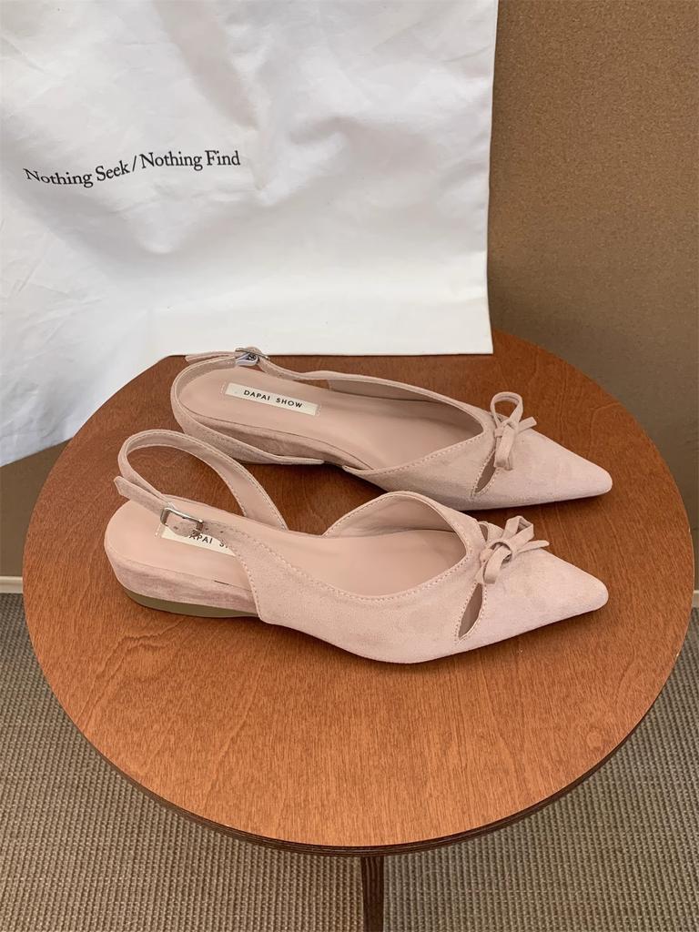 2025 summer French niche bag head sandals temperament elegant bow pointed head shallow mouth wedge heel high heels women