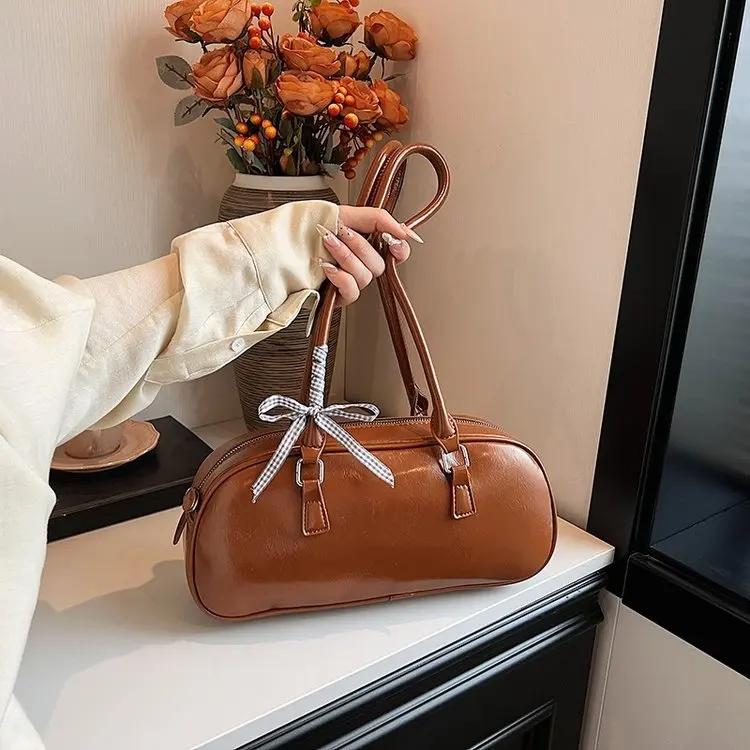 Fashion handbag with a bow for women simple underarm bag of solid color large capacity pillow bag