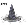Cosplay Witch Hat Halloween Wizard Hat, Adult Kids Cone with Spider Party Accessory Web Star Decor, Gothic Costume Prop, Trick or Treat Black