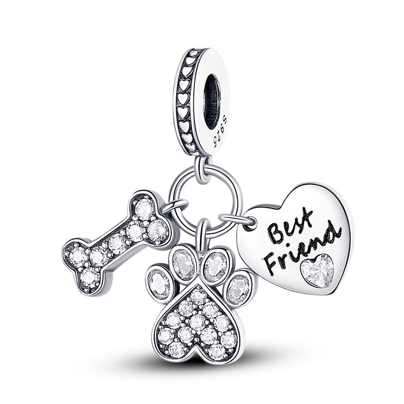 925 Sterling copper Cat and Dog Series Best Friend Pendant Fit 4MM hole diamete Bracelet Charms Bead Necklace DIY Female Zircon