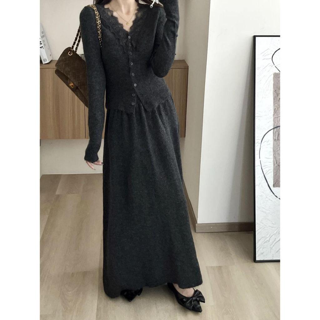 Korean Lace Knit Cardigan & Skirt Set - Elegant Autumn/Winter Two-Piece