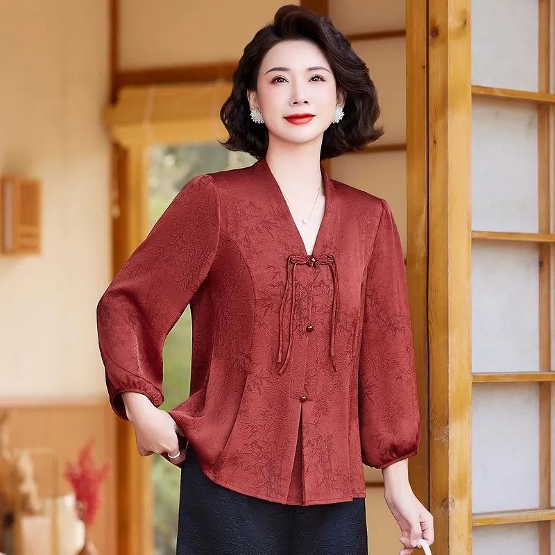 Женская фиолетовая атласная жаккардовая блузка с V-образным вырезом, рукавом 3/4, китайскими пуговицами-узлами, повседневный элегантный топ XL