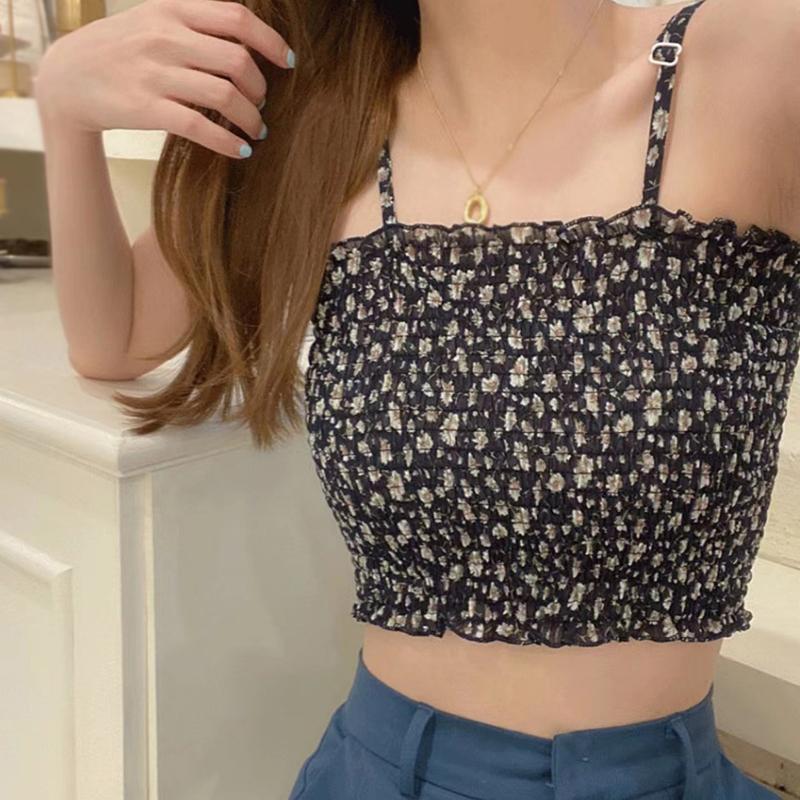 Dámský crop top tílko květinové plisované vestička s vycpávkou na prsa