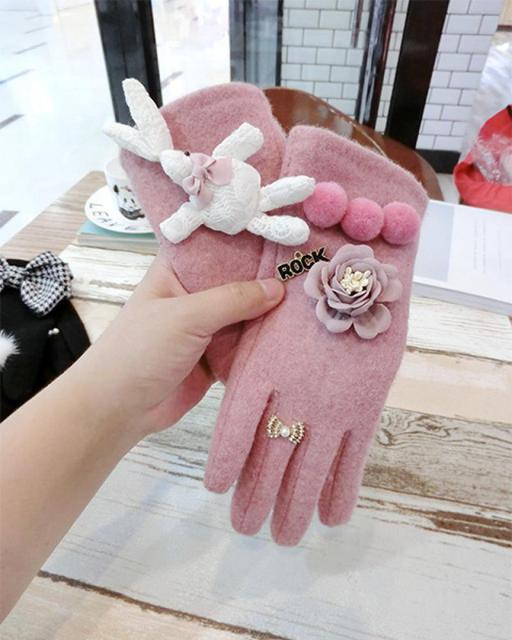 Cashmere Gloves Rabbit Hair Mouth Bow Cashmere Gloves Korean Fashion Woolen Cloth Warmth Riding Touch Screen Gloves A432