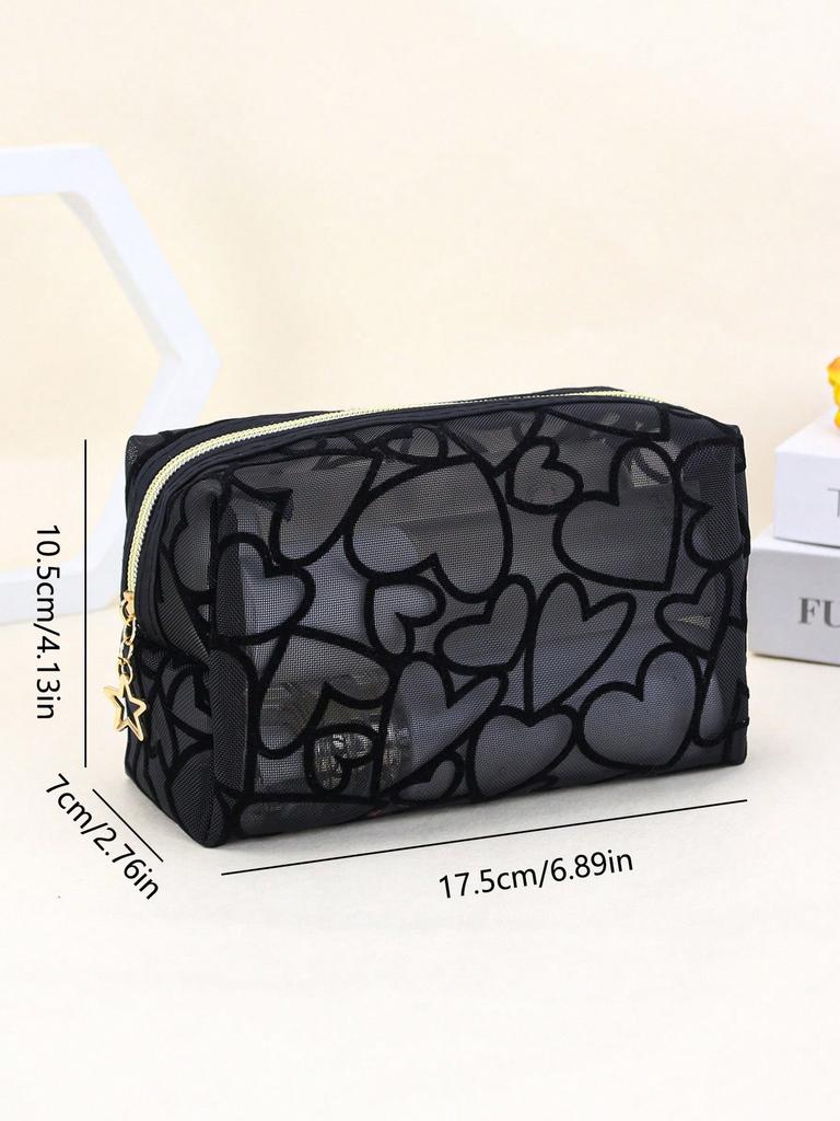 1pc Women Makeup Bag, Mesh Heart Flocked Decor,  Minimalist Mesh Heart Design Large Capacity, For Daily Use & Travel Makeup