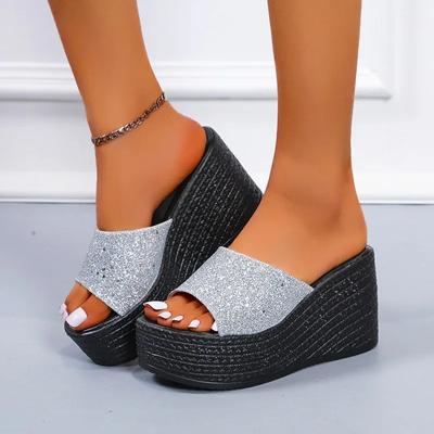 Cuñas de Moda PU Tacón Alto Zapatillas Modernas Verano Exterior 2024 Venta Caliente Zapatos de Mujer Liso Poco Profundo Conciso Zapatillas de Mujer Chinelos