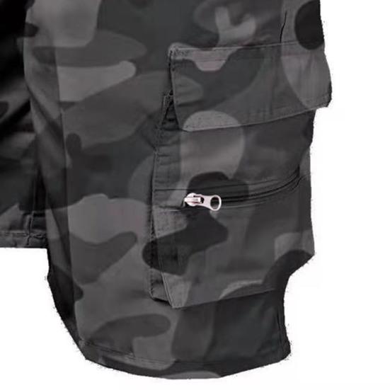 Men Cargo Shorts Drawstring Elastic Waist Multi Zipper Pockets Solid Color Loose Soft Breathable Camouflage Print Knee Length Daily Sports Shorts